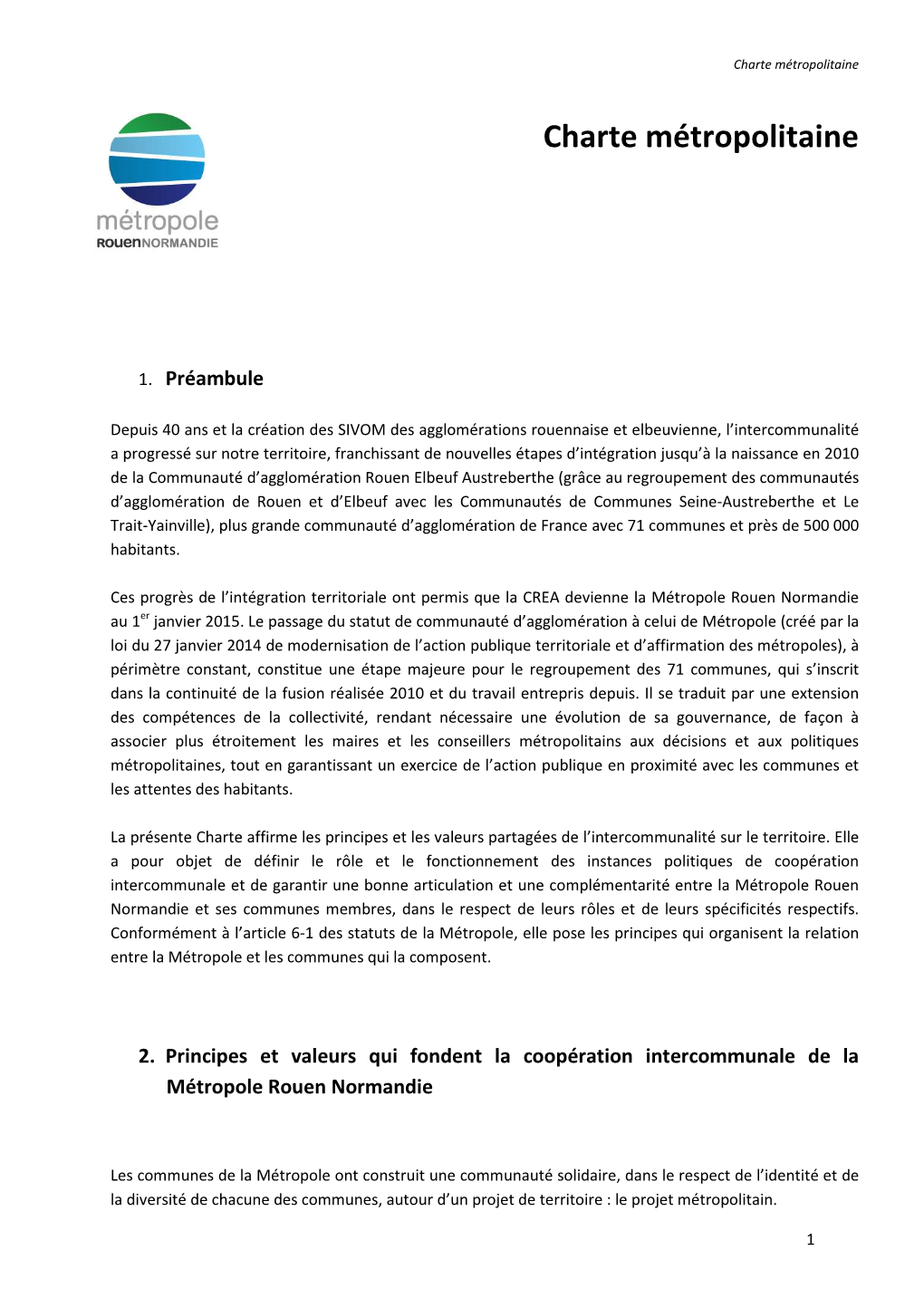 Charte De Gouvernance De La Métropole Rouen Normandie