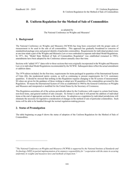 B. Uniform Regulation for the Method of Sale of Commodities