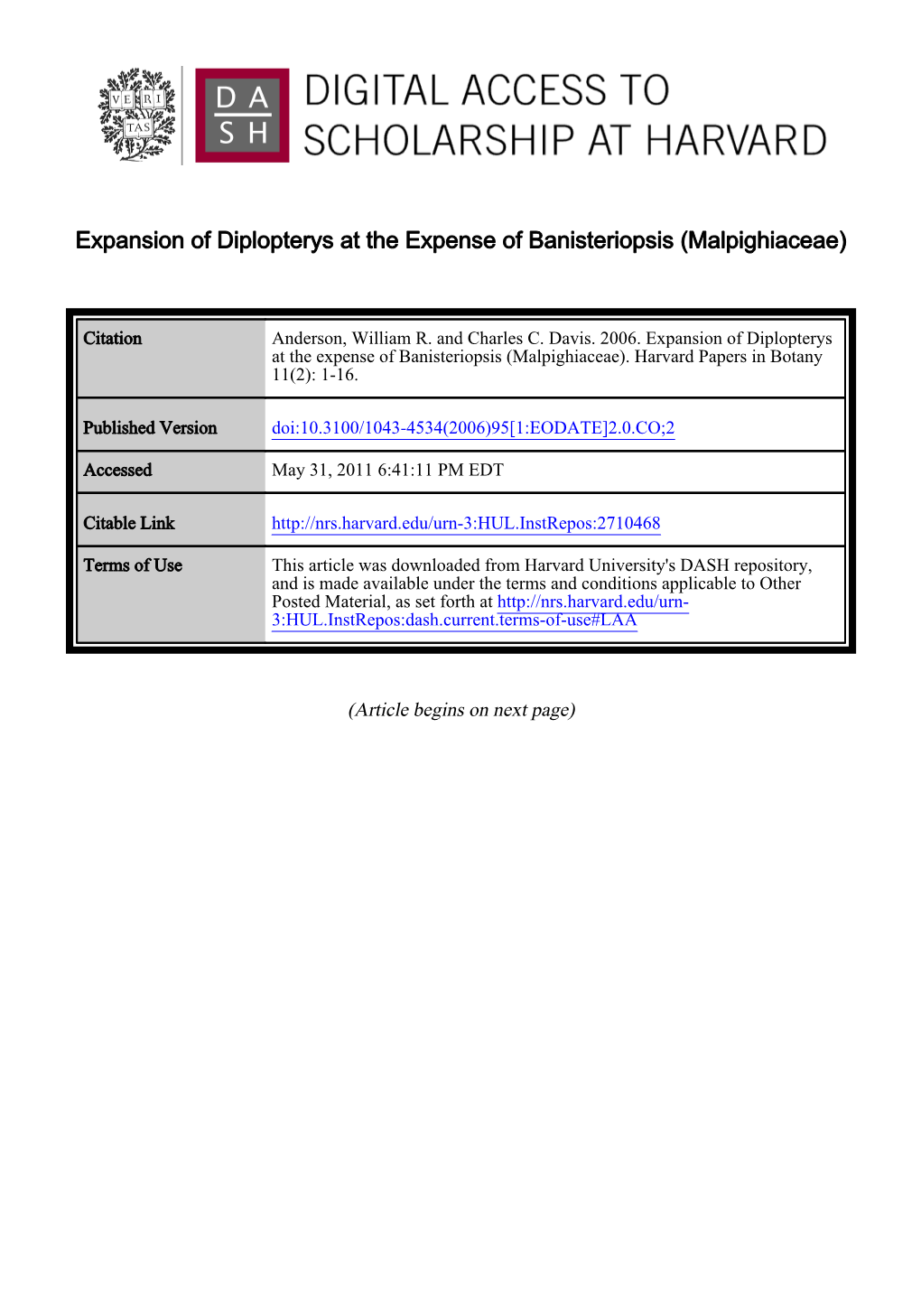 "Expansion of Diplopterys at the Expense of Banisteriopsis