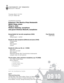 The World of Paul Hindemith Midori Koga, Piano Teng Li, Viola Wallace Halladay, Saxophone and Guest Chelsea Shanoff, Saxophone