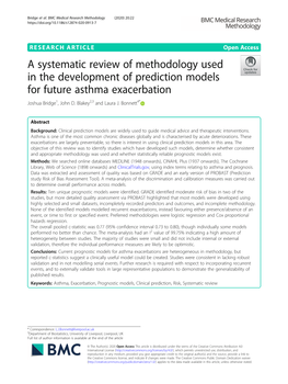 A Systematic Review of Methodology Used in the Development of Prediction Models for Future Asthma Exacerbation Joshua Bridge1, John D