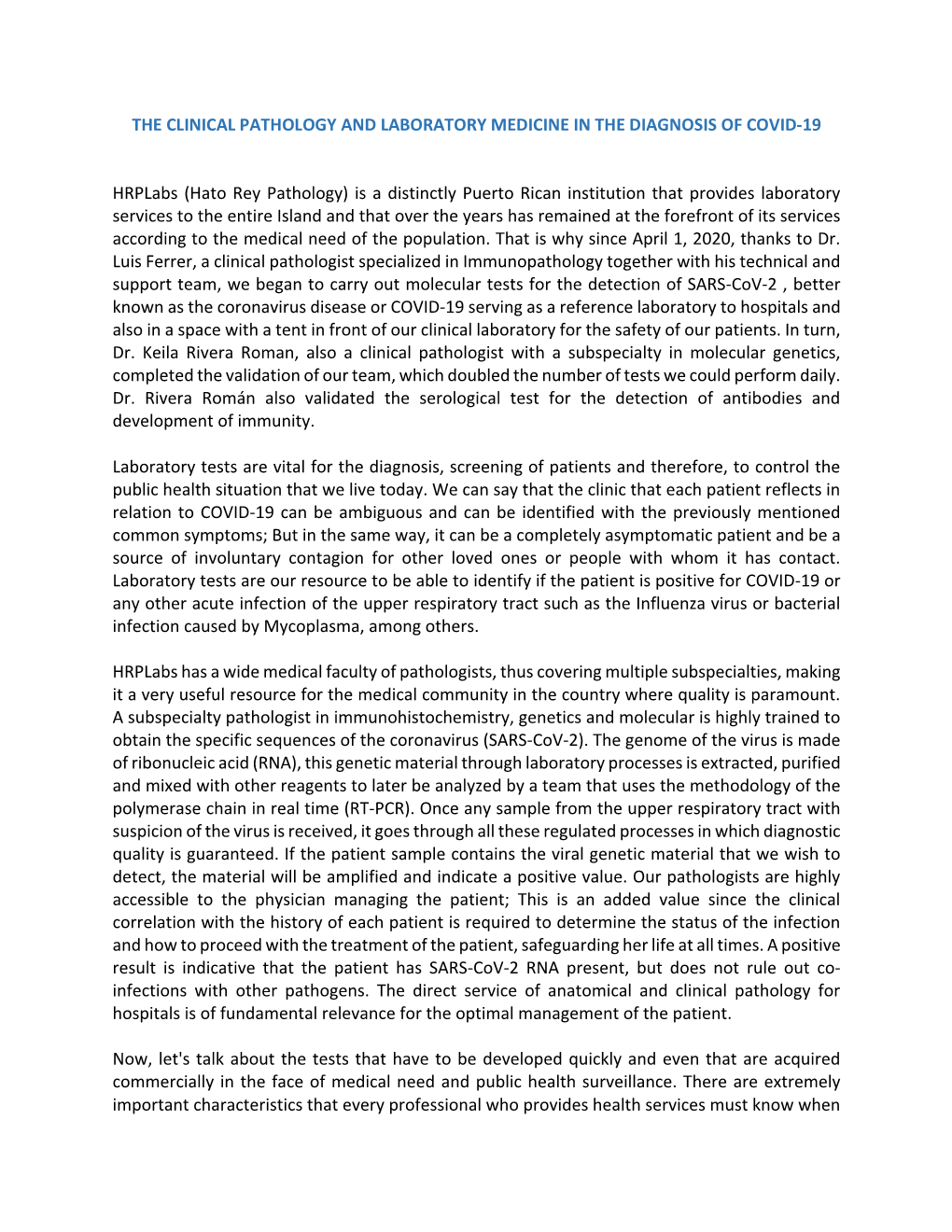 The Clinical Pathology and Laboratory Medicine in the Diagnosis of Covid-19