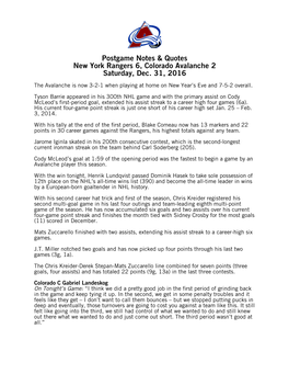 Postgame Notes & Quotes New York Rangers 6, Colorado