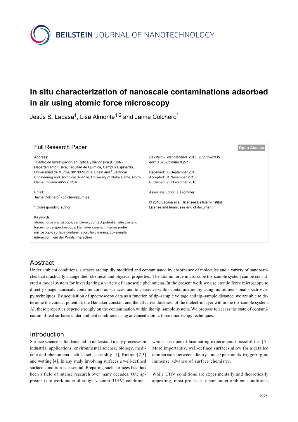 In Situ Characterization of Nanoscale Contaminations Adsorbed in Air Using Atomic Force Microscopy