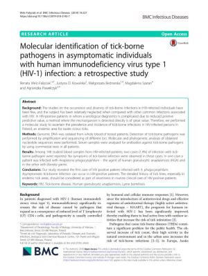 Molecular Identification of Tick-Borne Pathogens in Asymptomatic Individuals with Human Immunodeficiency Virus Type 1 (HIV-1) In