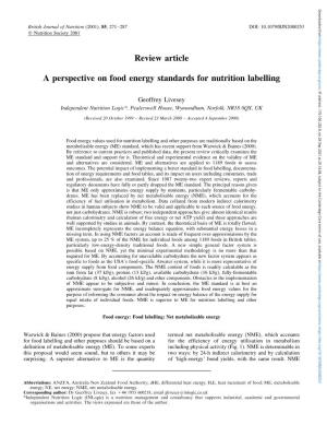 A Perspective on Food Energy Standards for Nutrition Labelling