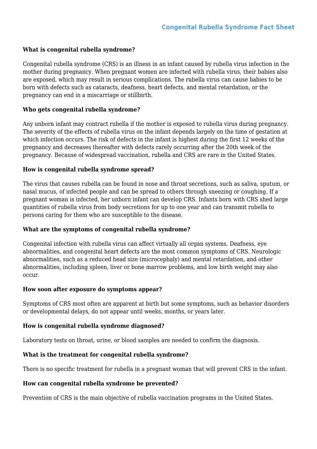 Congenital Rubella Syndrome Fact Sheet