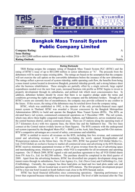 Bangkok Mass Transit System Public Company Limited Company Rating: a Issue Rating: up to Bt12,000 Million Senior Debentures Due Within 2016 a Rating Outlook: Stable