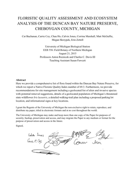 Floristic Quality Assessment and Ecosystem Analysis of the Duncan Bay Nature Preserve, Cheboygan County, Michigan
