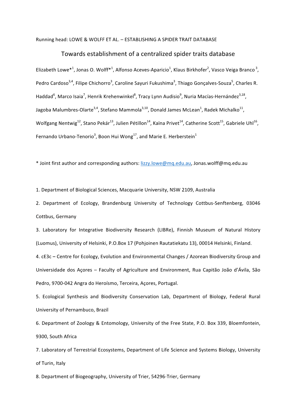 Towards Establishment of a Centralized Spider Traits Database