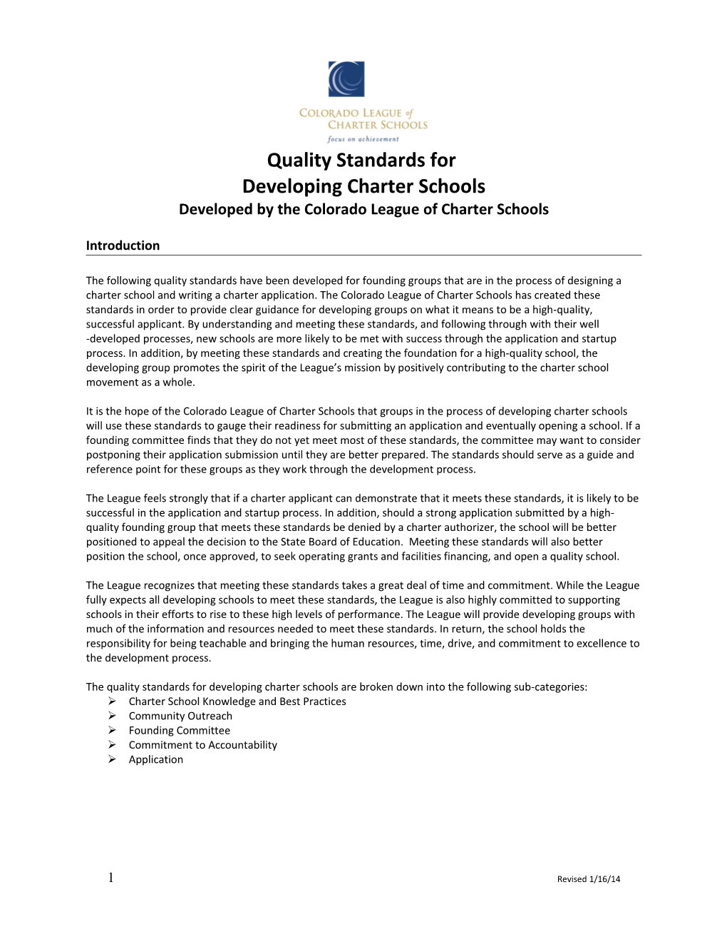 Quality Standards for Developing Charter Schools