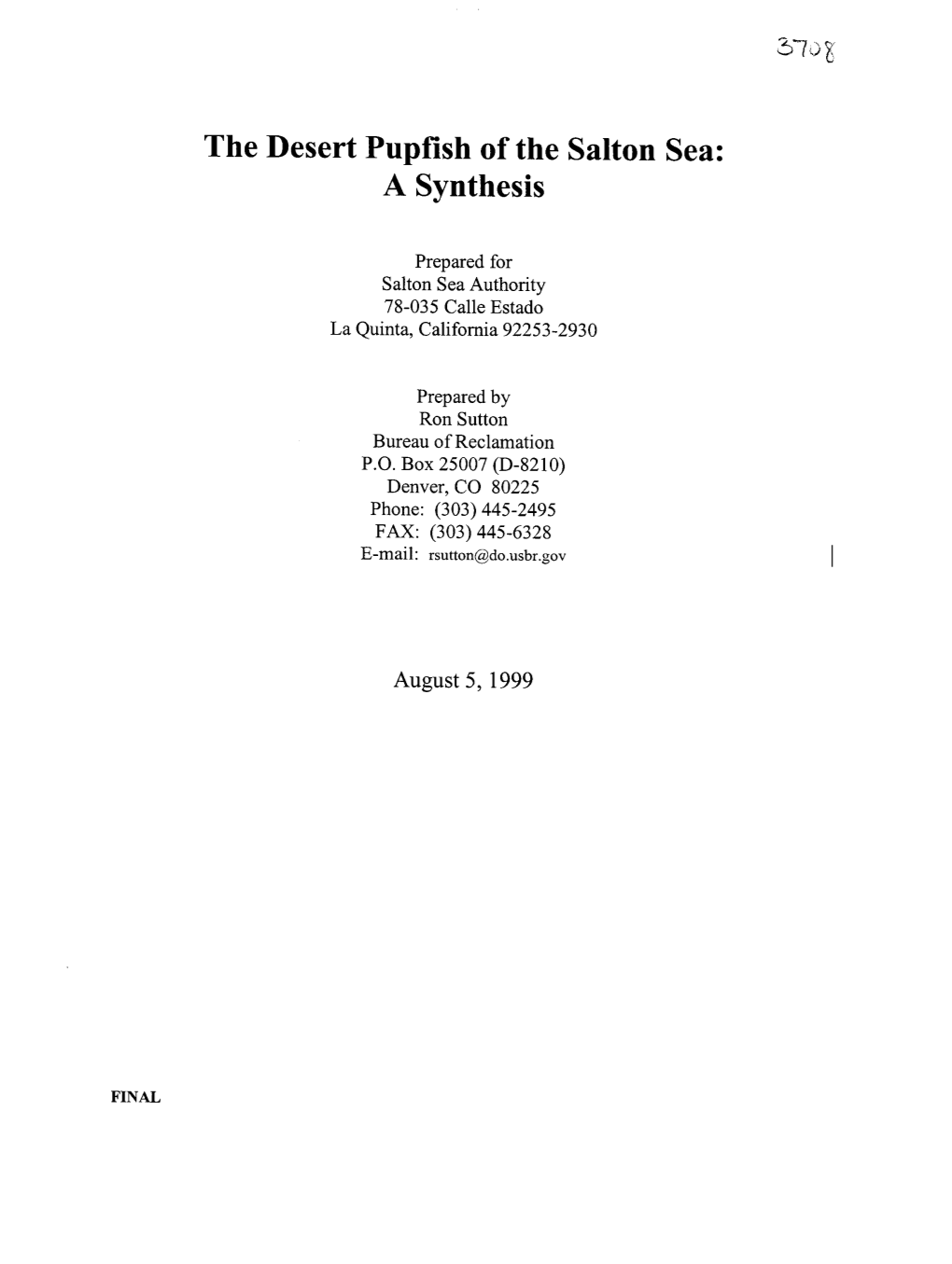 The Desert Pupfish of the Salton Sea : a Synthesis