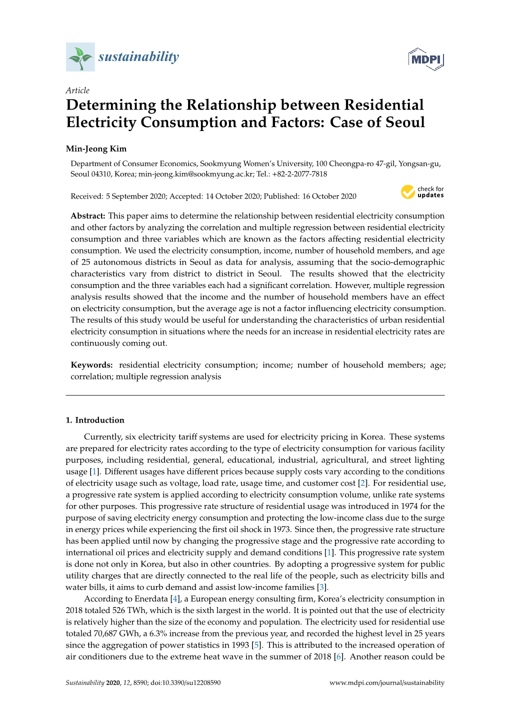 Determining the Relationship Between Residential Electricity Consumption and Factors: Case of Seoul