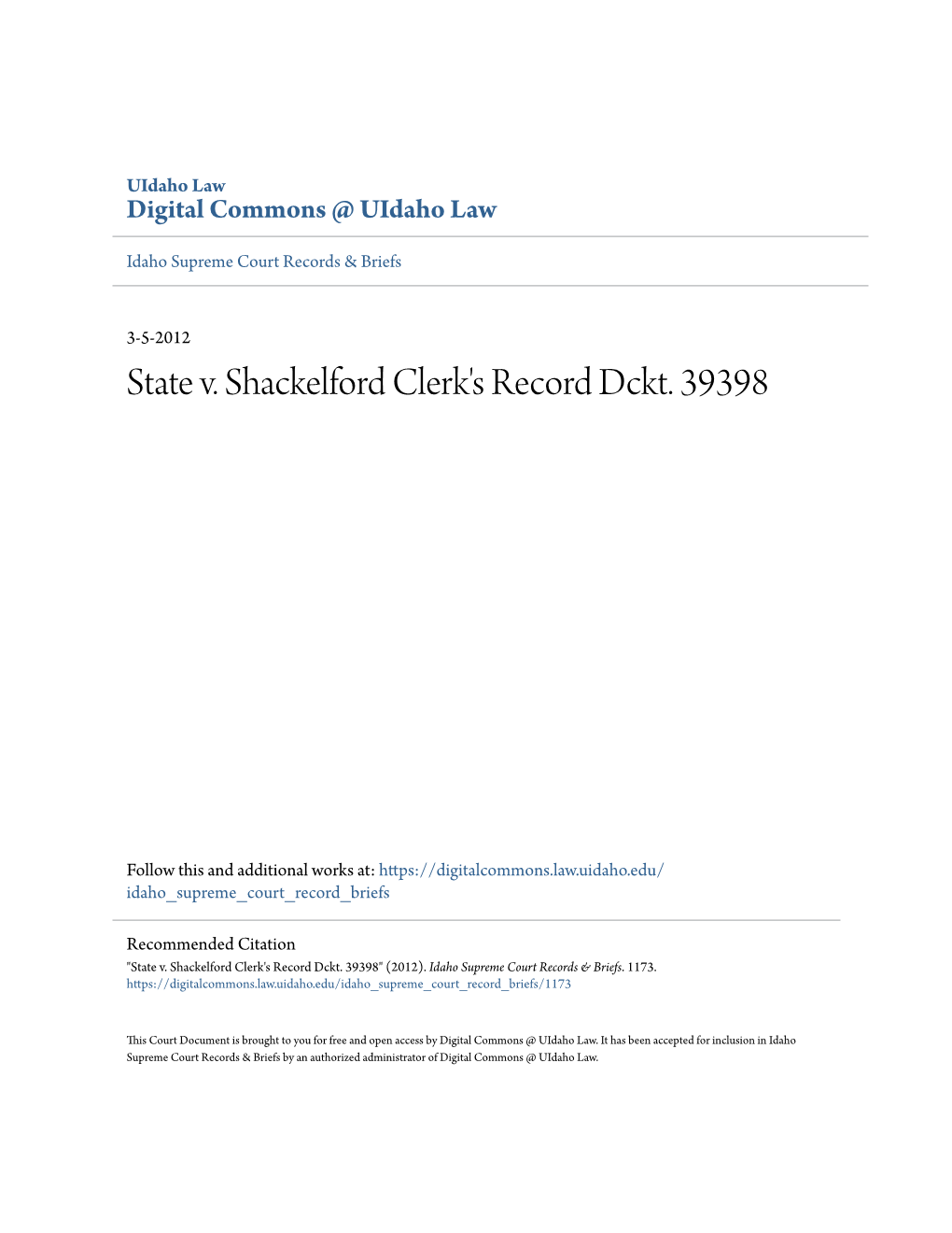 State V. Shackelford Clerk's Record Dckt. 39398