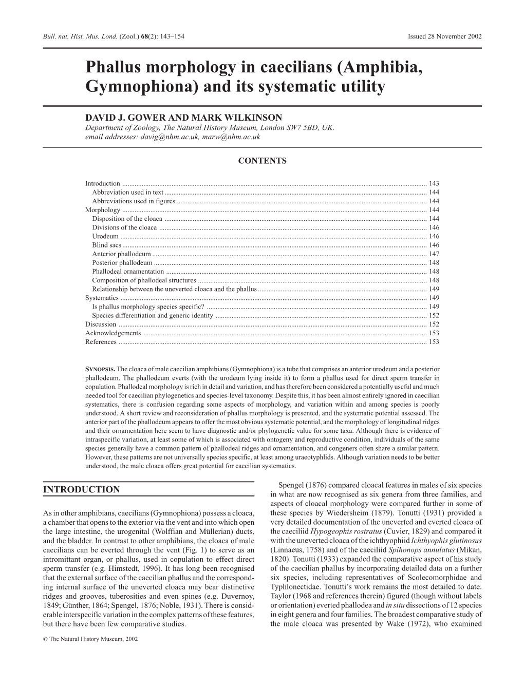 Phallus Morphology in Caecilians (Amphibia, Gymnophiona) and Its Systematic Utility