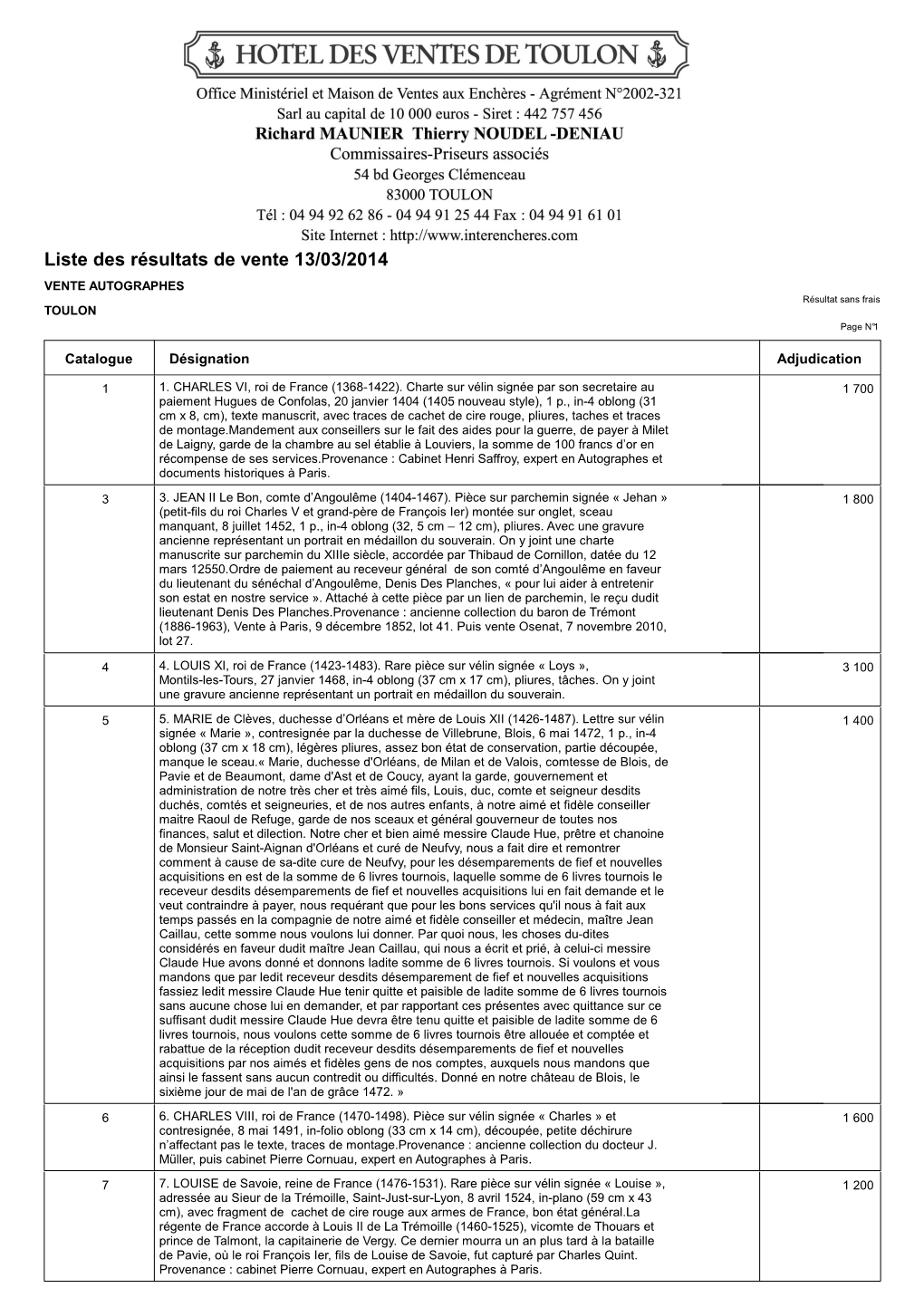 Liste Des Résultats De Vente 13/03/2014 VENTE AUTOGRAPHES Résultat Sans Frais TOULON Page N°1