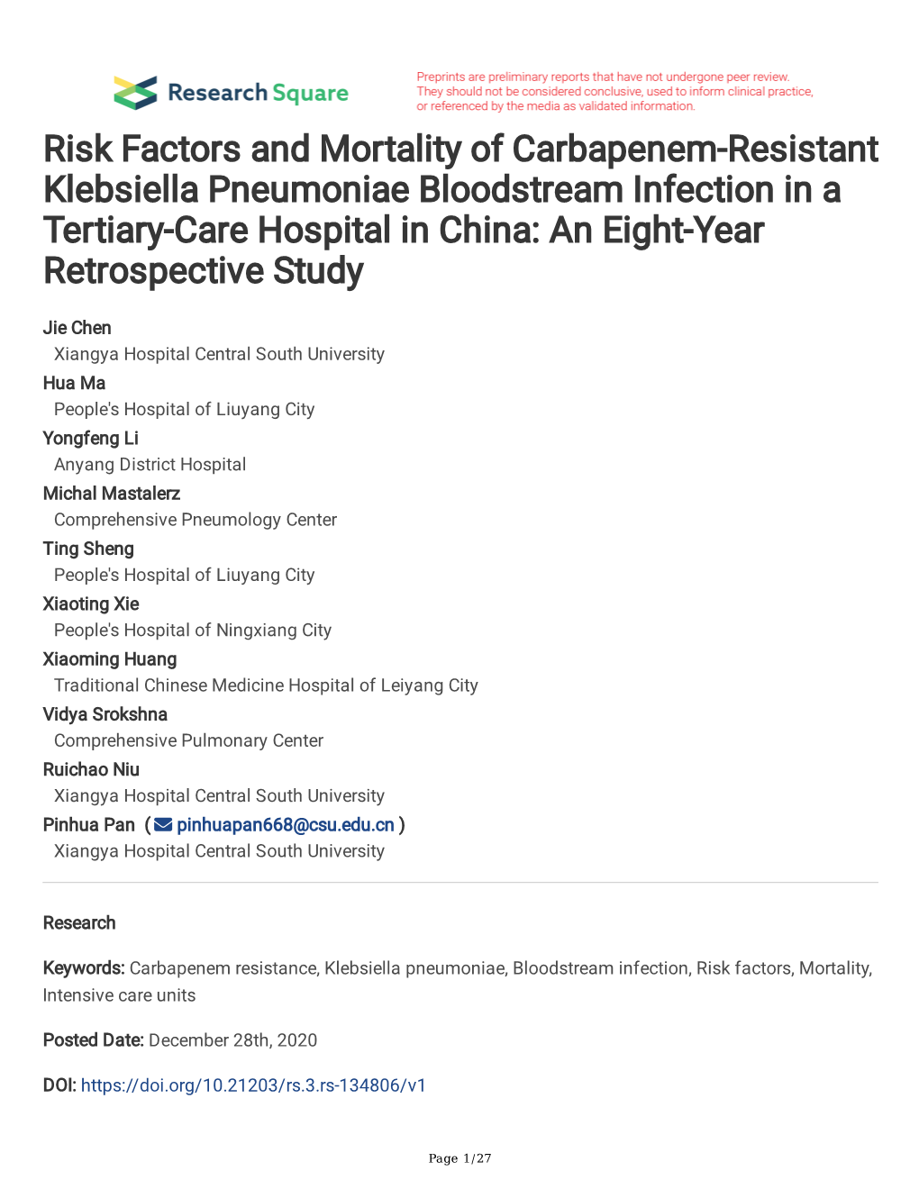 Risk Factors and Mortality of Carbapenem-Resistant Klebsiella Pneumoniae Bloodstream Infection in a Tertiary-Care Hospital in China: an Eight-Year Retrospective Study