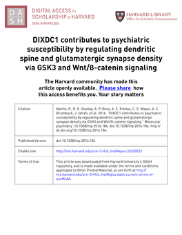 DIXDC1 Contributes to Psychiatric Susceptibility by Regulating Dendritic Spine and Glutamatergic Synapse Density Via GSK3 and Wnt/Β-Catenin Signaling