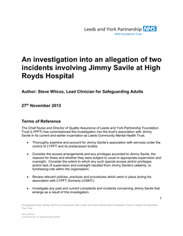 An Investigation Into an Allegation of Two Incidents Involving Jimmy Savile at High Royds Hospital