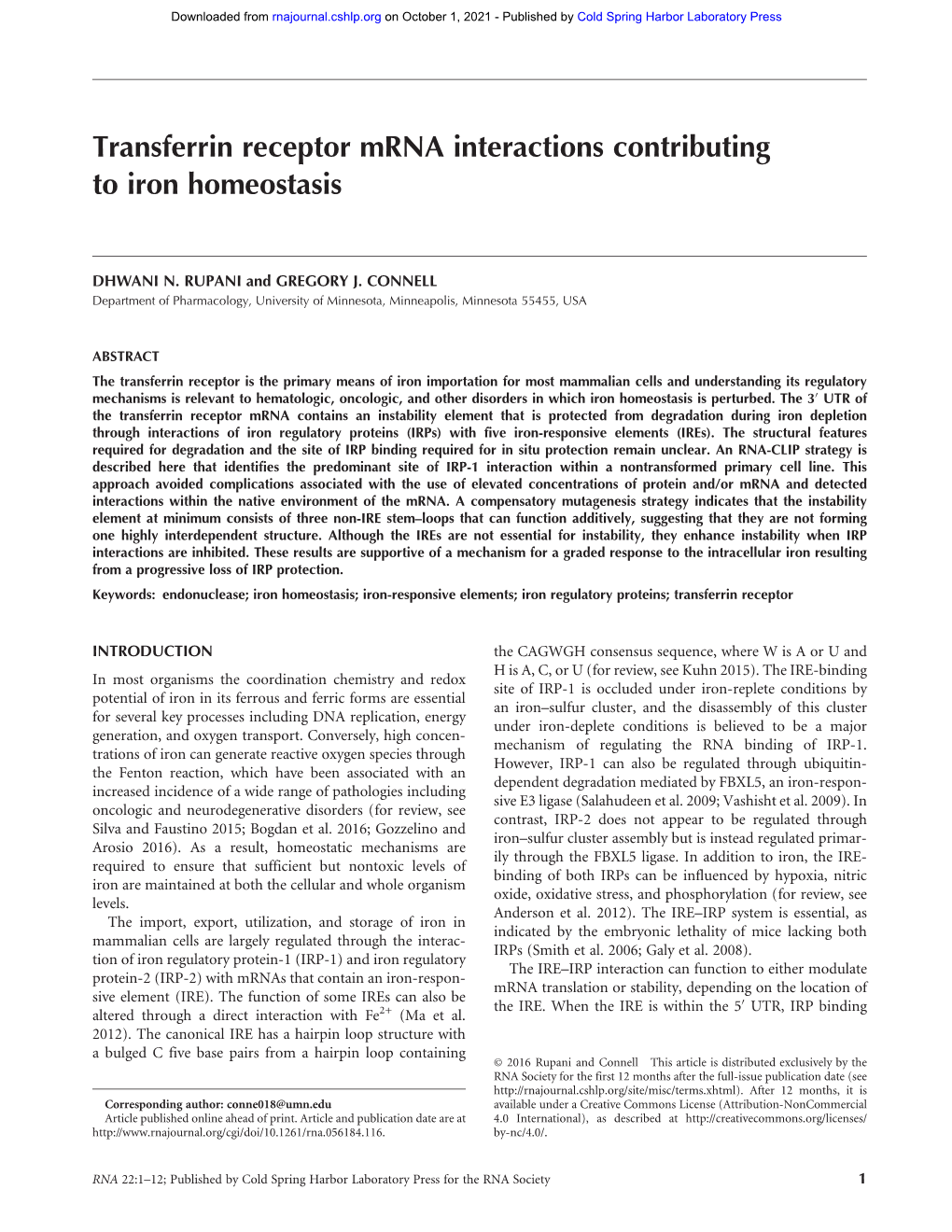 Transferrin Receptor Mrna Interactions Contributing to Iron Homeostasis