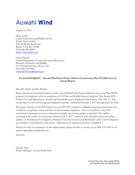 Auwahi Wind Farm Habitat Conservation Plan FY 2018 Annual Report Incidental Take Permit TE64153A-0/ Incidental Take License ITL-17