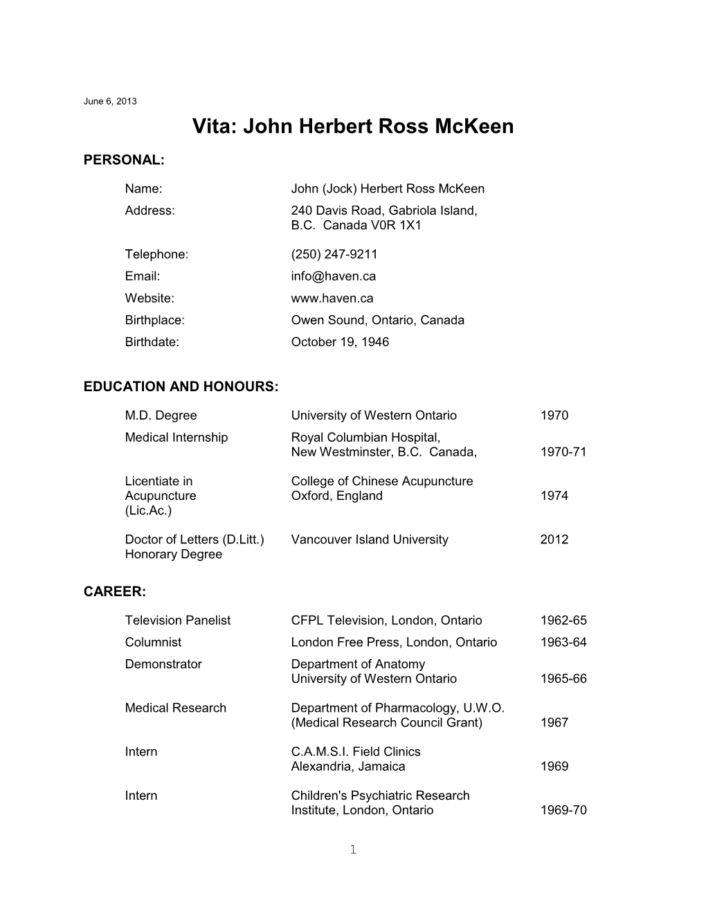 Jock Mckeen Curriculum Vitae