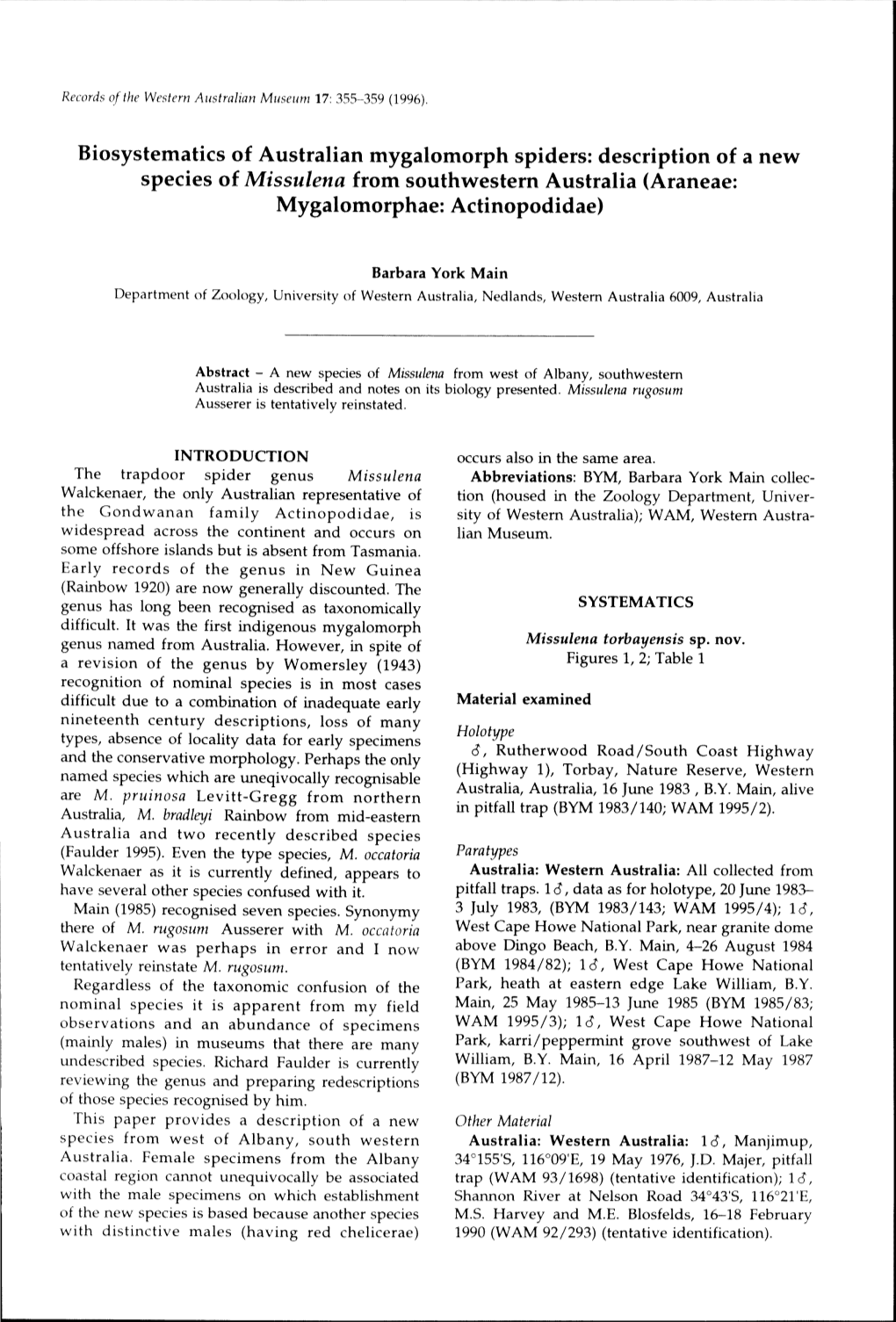 BIOSYSTEMATICS of AUSTRALIAN MYGALOMORPH SPIDERS DESCRIPTION of a NEW SPECIES of MISSULENA FROM... Download 1.45 MB