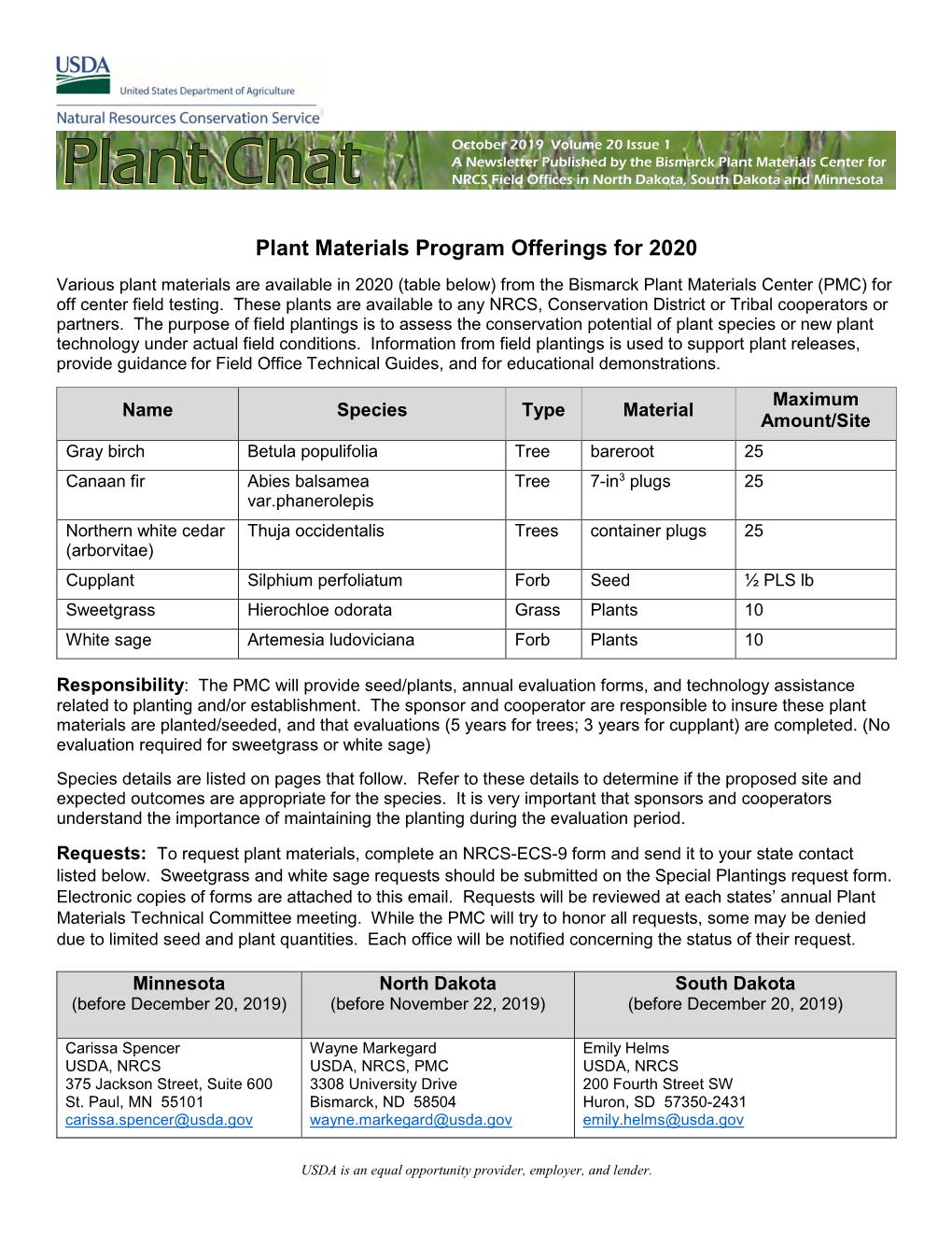 Plant Chat Oct 2019 Vol. 20 Issue 1, Plant Paterials Program Offers