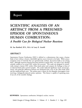 SCIENTIFIC ANALYSIS of an ARTIFACT from a PRESUMED EPISODE of SPONTANEOUS HUMAN COMBUSTION: a Possible Cllse for Biological Nuclear Reactions