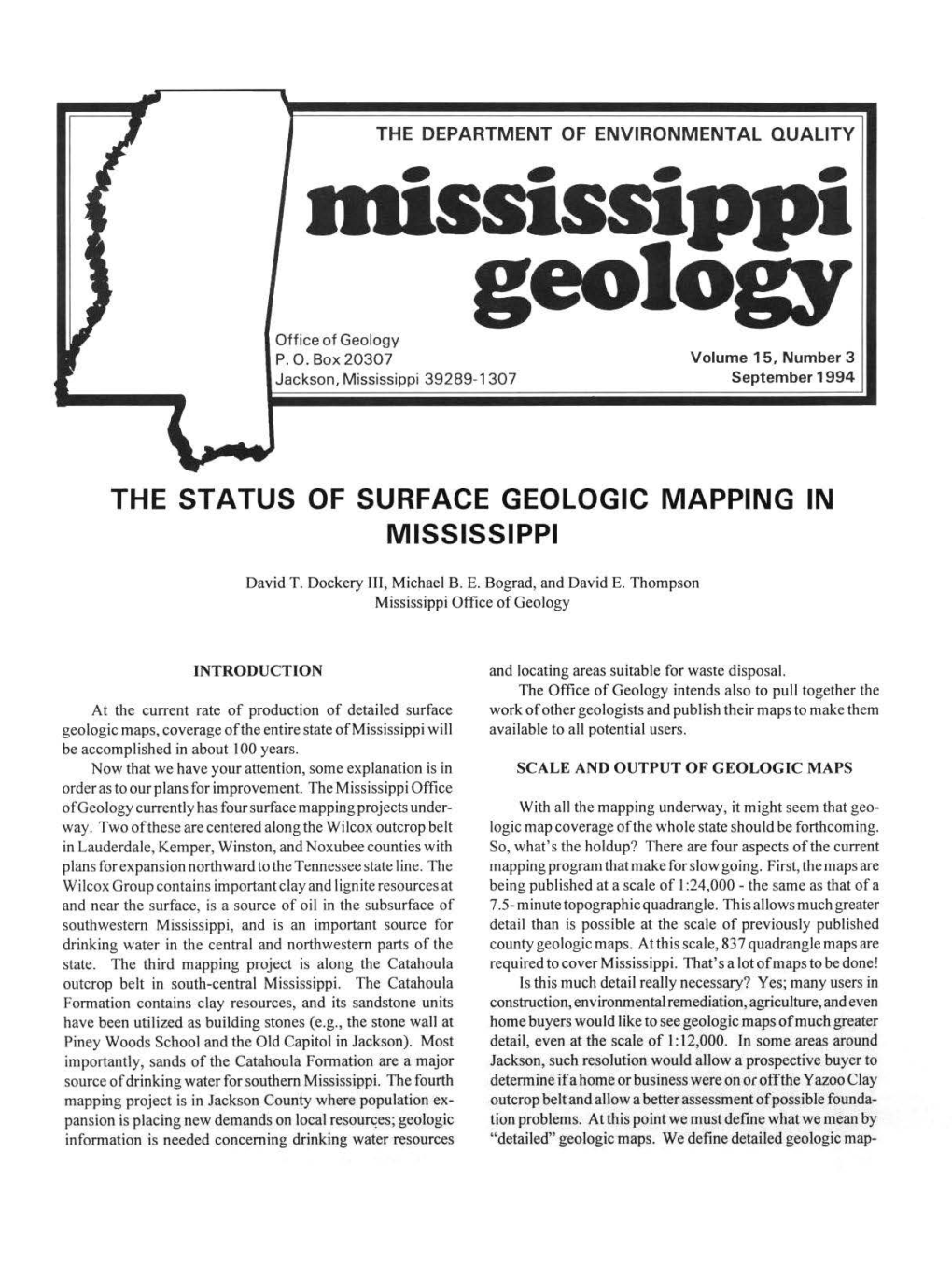 The Status of Surface Geologic Mapping in Mississippi
