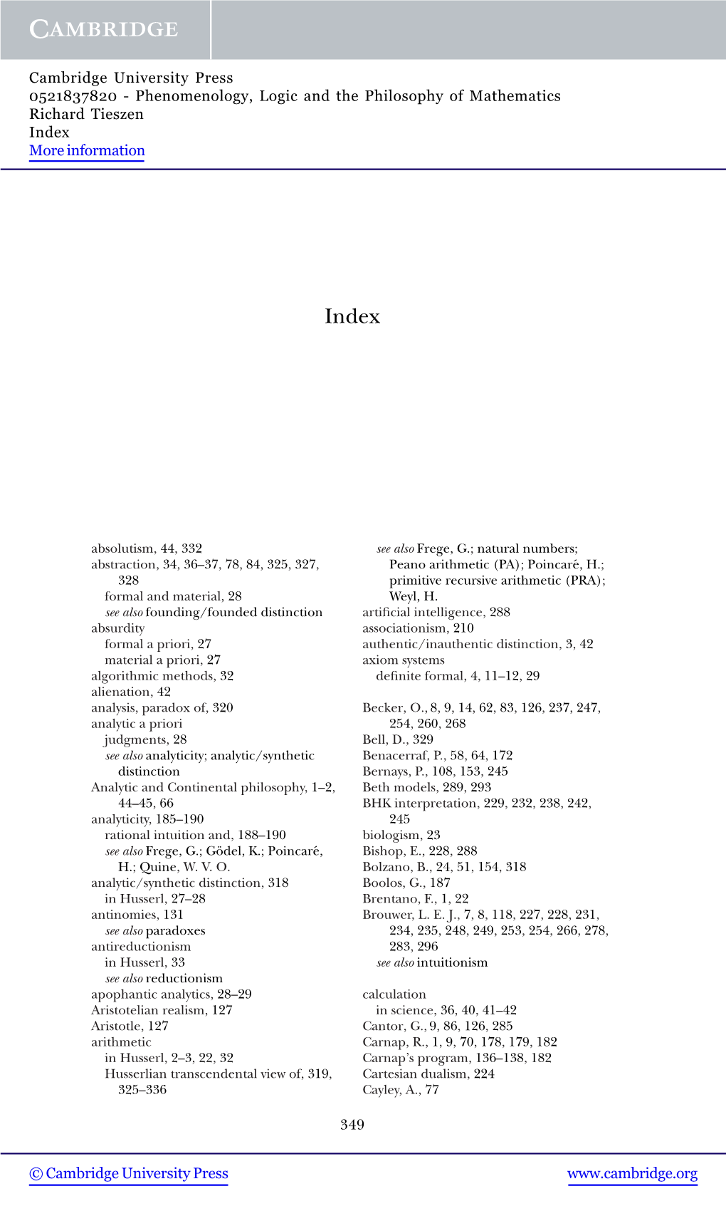 Phenomenology, Logic and the Philosophy of Mathematics Richard Tieszen Index More Information