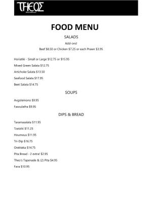 FOOD MENU SALADS Add-Ons! Beef $8.50 Or Chicken $7.25 Or Each Prawn $3.95
