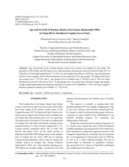 Age and Growth of Kutum, Rutilus Frisii Kutum (Kamenskii 1901) in Tajan River (Southern Caspian Sea to Iran)