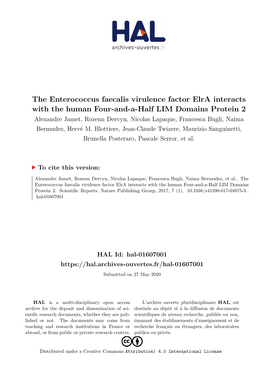 The Enterococcus Faecalis Virulence Factor Elra Interacts with the Human
