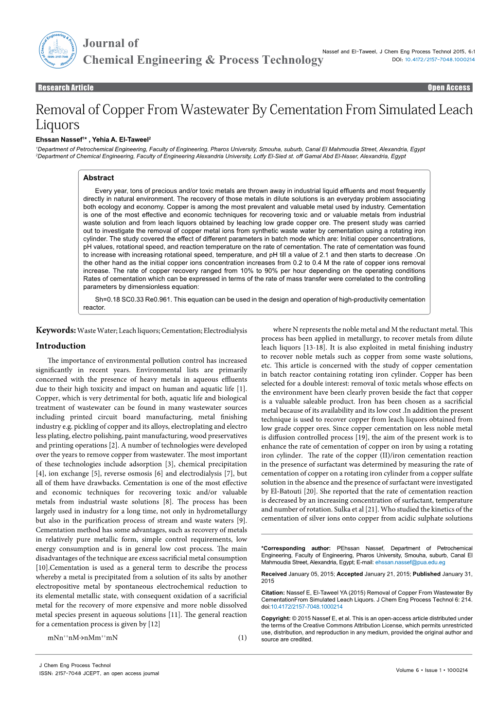 Removal of Copper from Wastewater by Cementation from Simulated Leach Liquors Ehssan Nassef1* , Yehia A