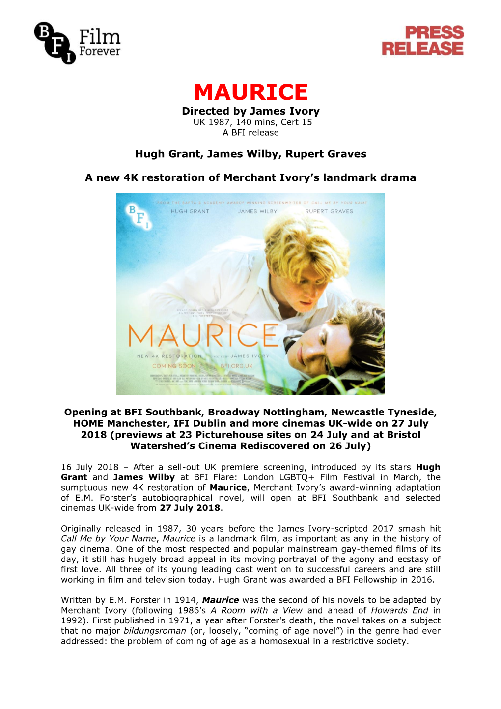 Bfi-Press-Release-New-4K-Restoration-Maurice-2018-07-16.Pdf