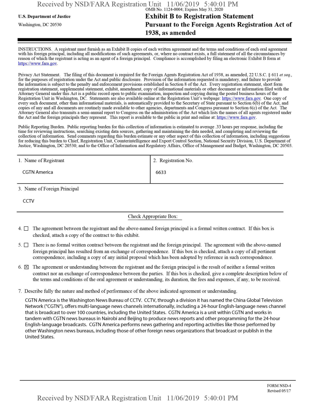 Received by NSD/FARA Registration Unit 11/06/2019 5:40:01 PM OMB No