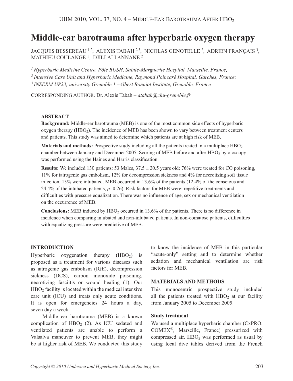 Middle-Ear Barotrauma After Hyperbaric Oxygen Therapy