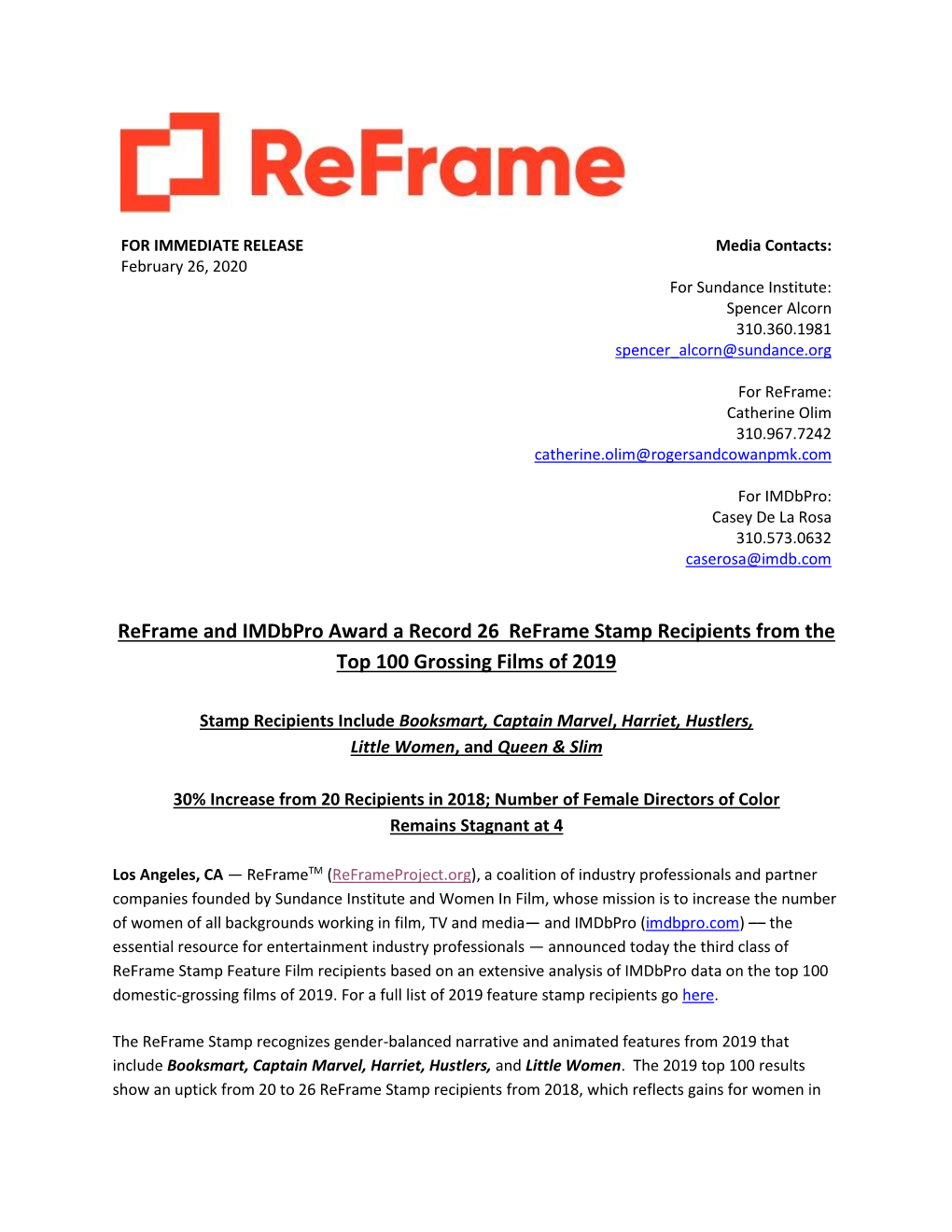 Reframe and Imdbpro Award a Record 26 Reframe Stamp Recipients from the Top 100 Grossing Films of 2019