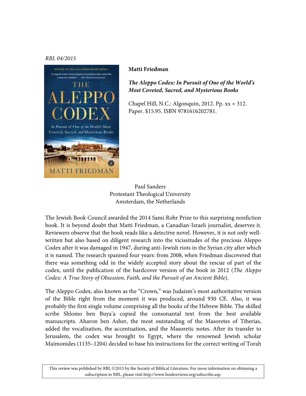 RBL 04/2015 Matti Friedman the Aleppo Codex: in Pursuit of One Of