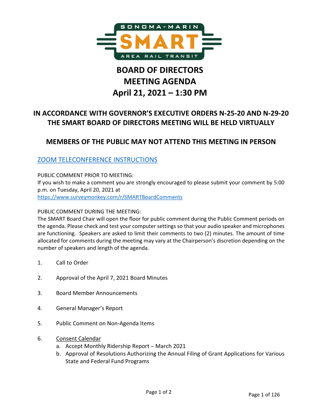 BOARD of DIRECTORS MEETING AGENDA April 21, 2021 – 1:30 PM