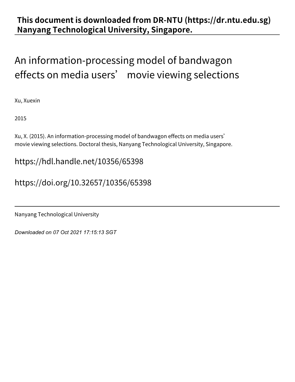 An Information‑Processing Model of Bandwagon Effects on Media Users' Movie Viewing Selections