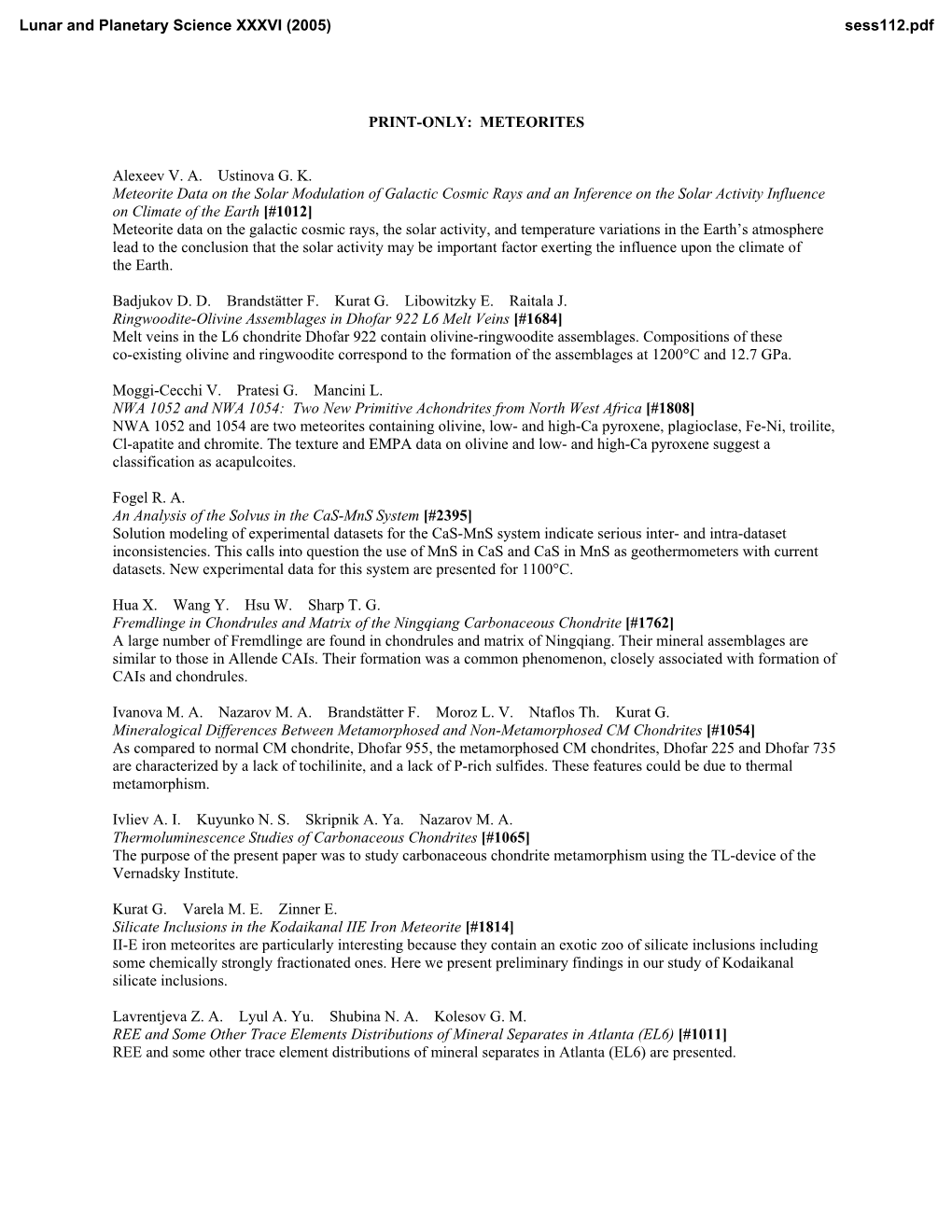 PRINT-ONLY: METEORITES Alexeev V. A. Ustinova G. K. Meteorite Data