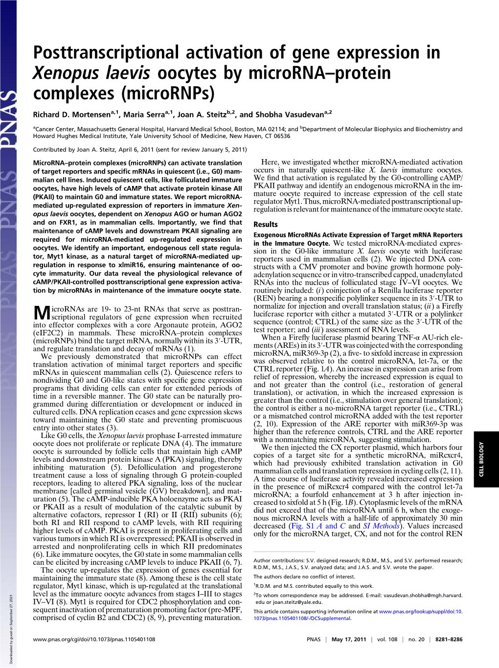 Posttranscriptional Activation of Gene Expression in Xenopus Laevis Oocytes by Microrna–Protein Complexes (Micrornps)