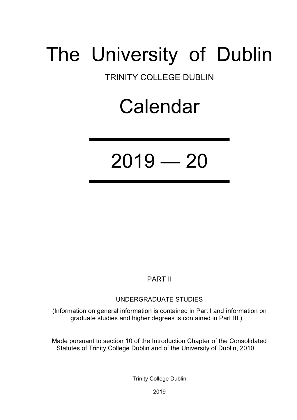 The University of Dublin Calendar 2019 — 20