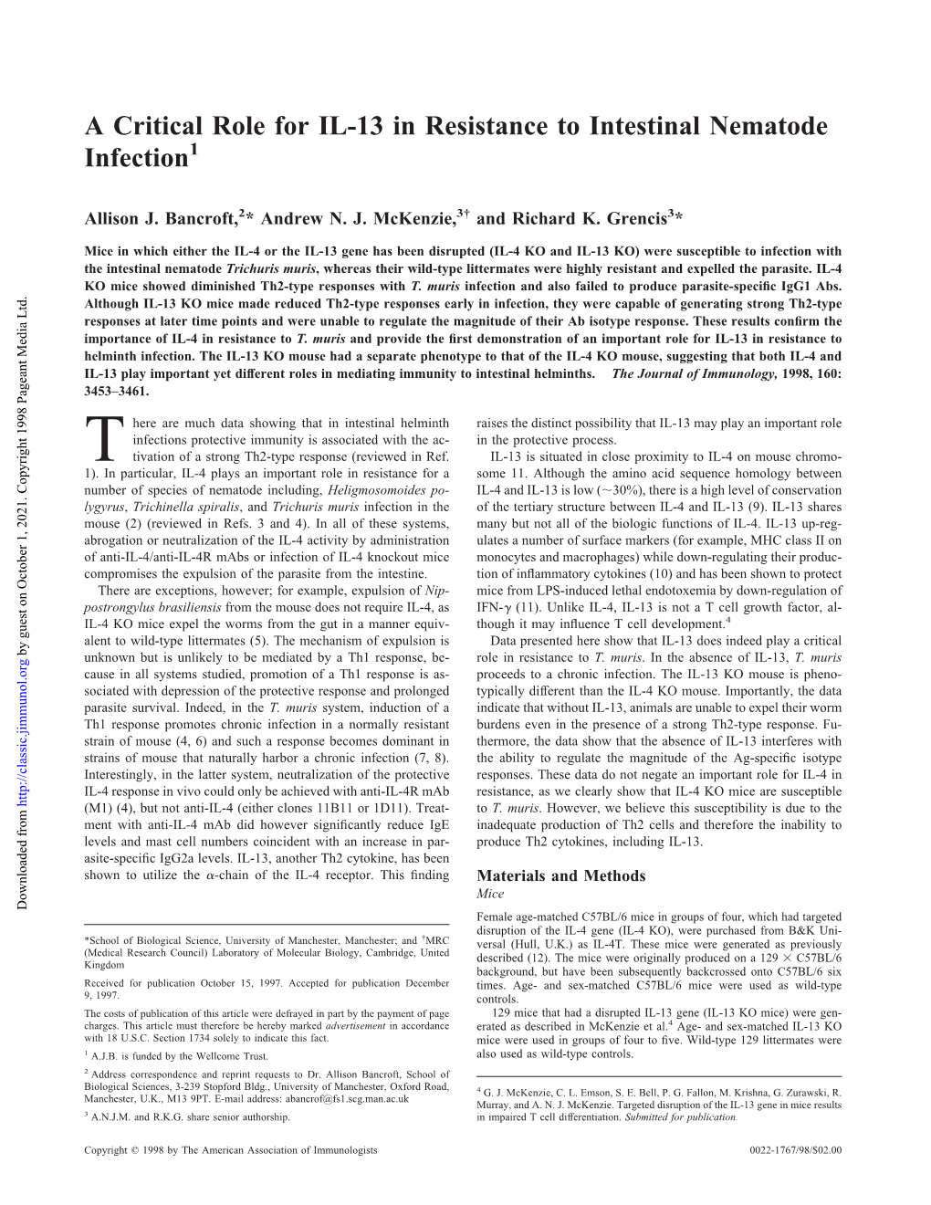 Intestinal Nematode Infection a Critical Role for IL-13 in Resistance To