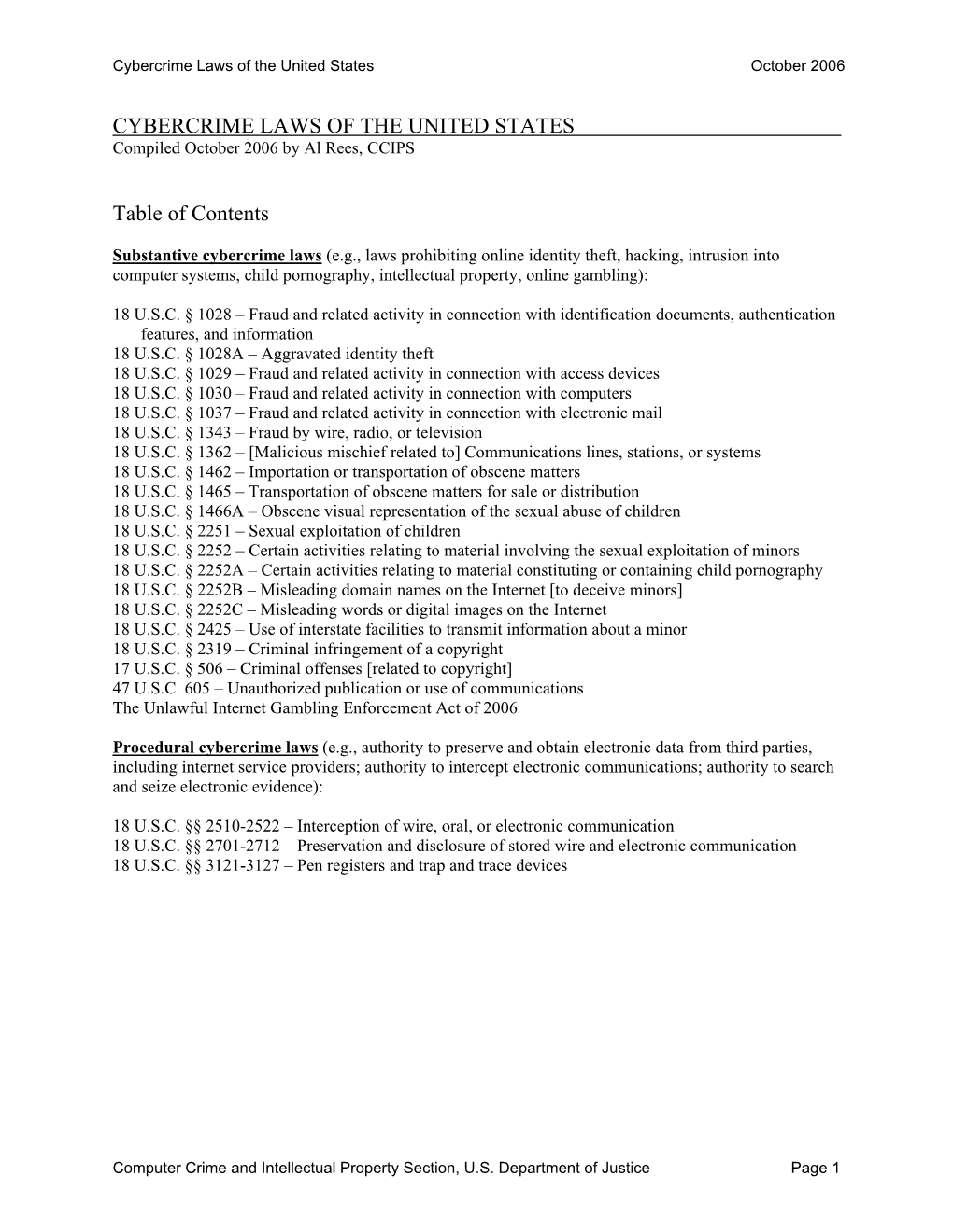 Cybercrime Laws of the United States October 2006