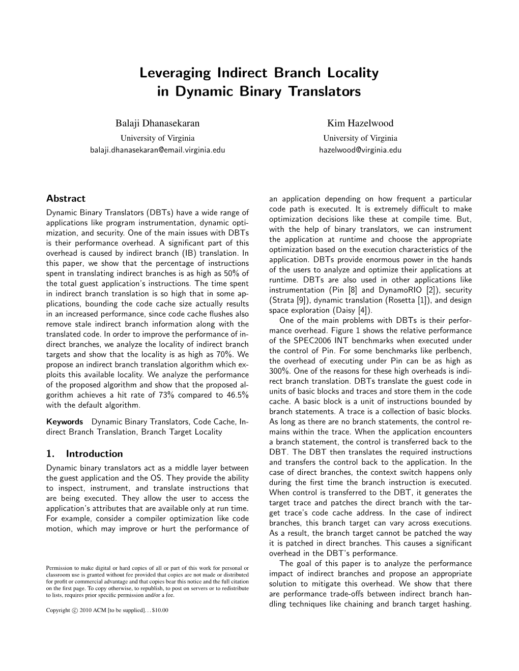 Leveraging Indirect Branch Locality in Dynamic Binary Translators