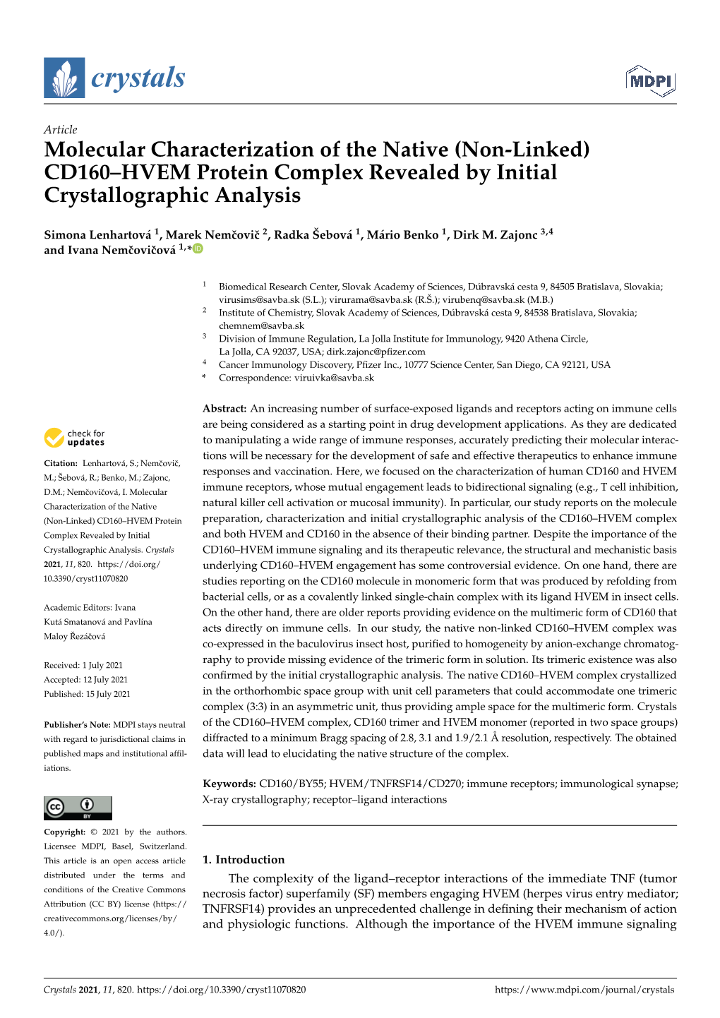 CD160–HVEM Protein Complex Revealed by Initial Crystallographic Analysis