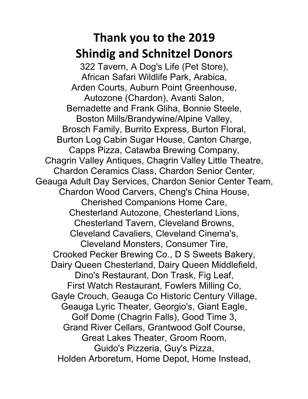 Thank You to the 2019 Shindig and Schnitzel Donors